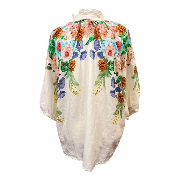 Kaktus Italy 100% Linen Floral Notched V Ruffle Neck Tunic Top Womens Large - Picture 5 of 9